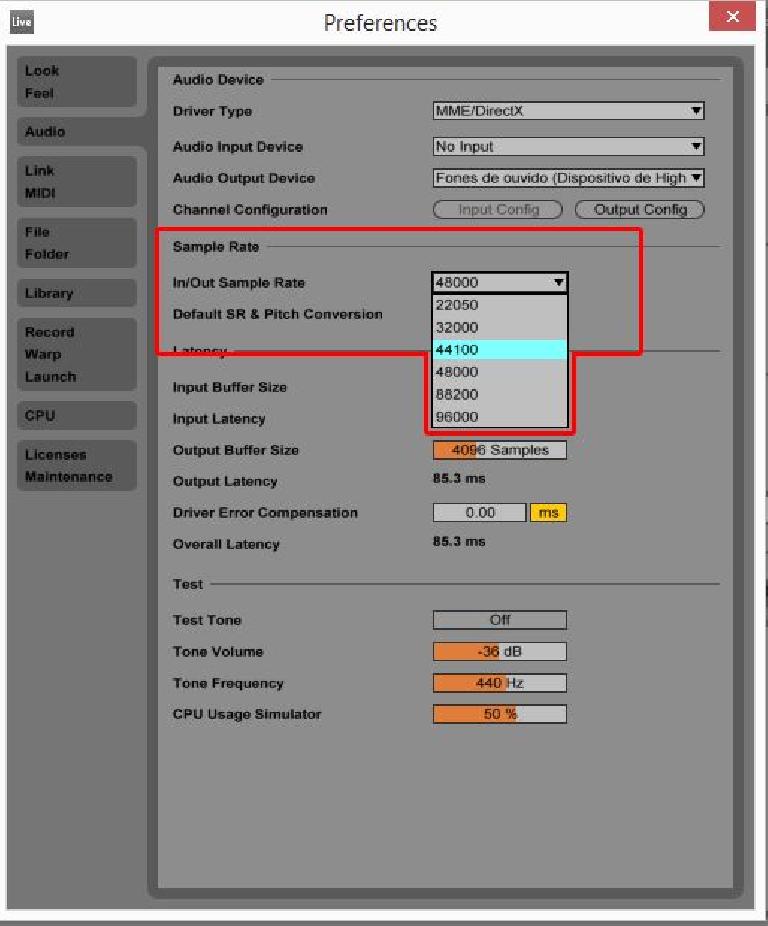 Configuración de Sample Rate en las preferencias